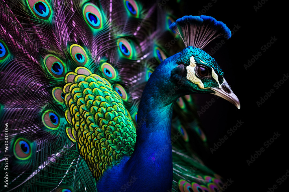 Obraz premium A detailed illustration of a peacock's head and its vibrant, colorful feathers in full display. Ai generated