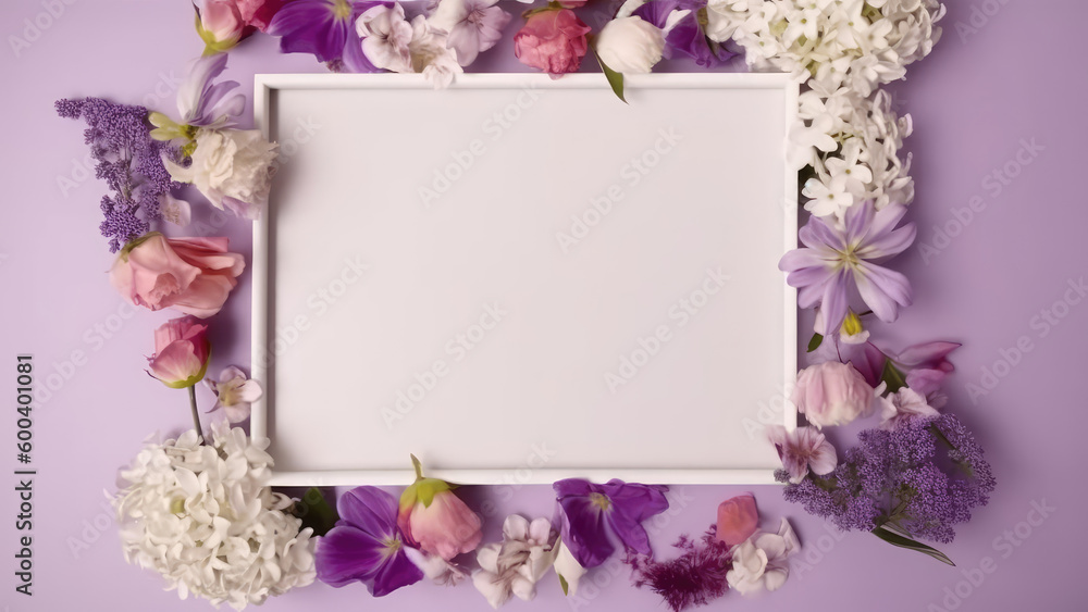 White purple pink spring flowers and leaf Border surrounding on a purple rustic Wooden Tabletop, Highlighting the Soft and Selective Elements of Flower Border Art. Generative ai