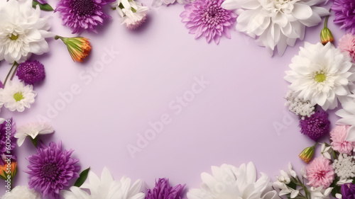 White purple pink spring flowers and leaf Border surrounding on a purple rustic Wooden Tabletop  Highlighting the Soft and Selective Elements of Flower Border Art. Generative ai