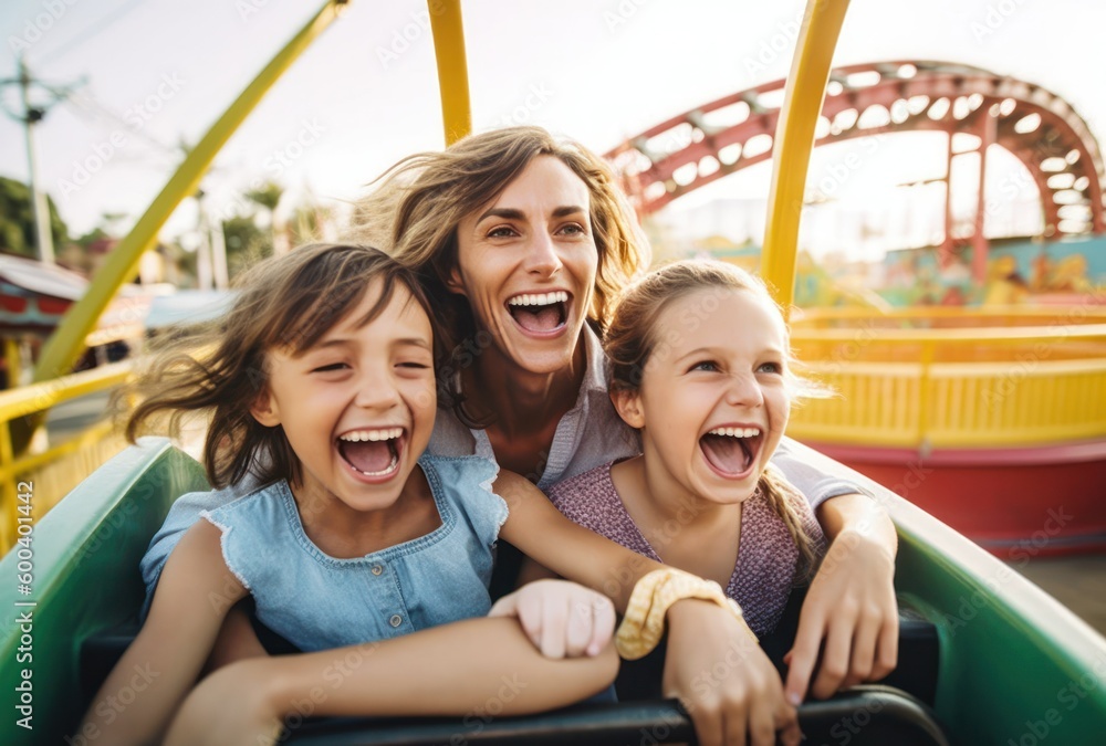Mother and two children riding a rollercoaster at an amusement park or state fair, experiencing excitement, joy, laughter, and summer fun, generative ai - obrazy, fototapety, plakaty 