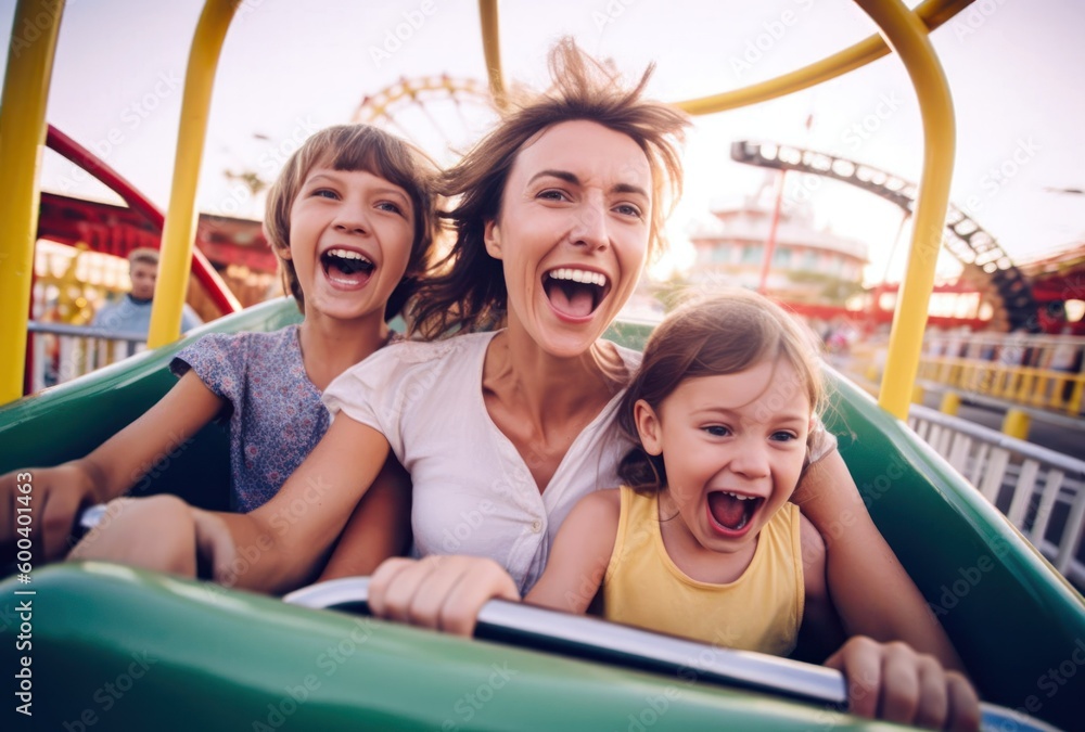 Mother and two children riding a rollercoaster at an amusement park or ...