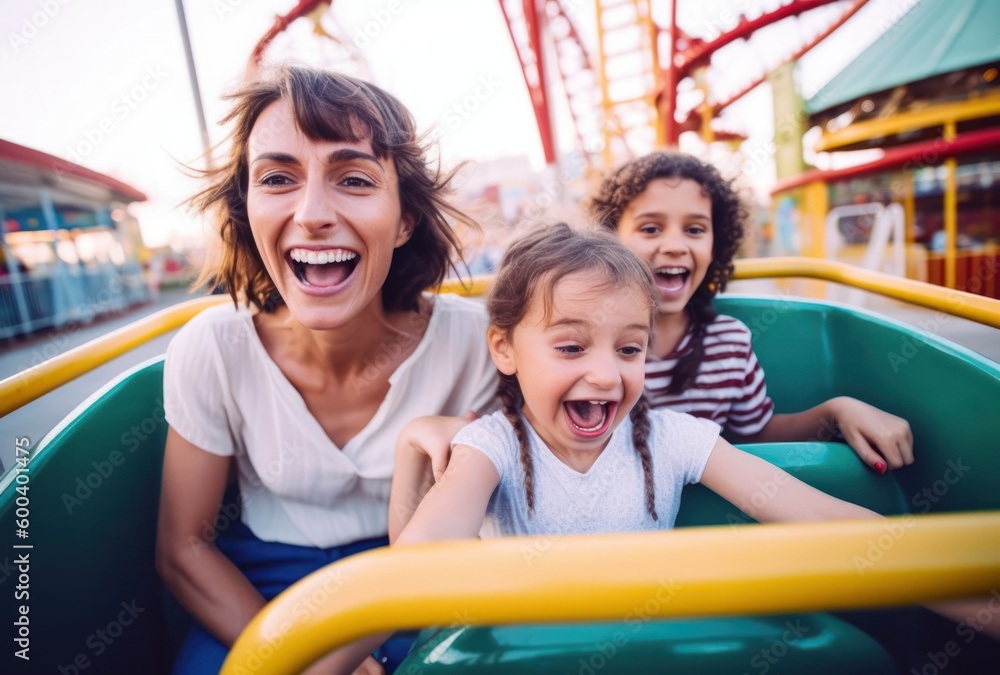 Mother and two children riding a rollercoaster at an amusement park or ...