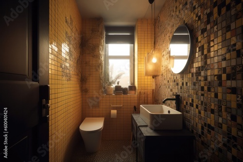 Contemporary Bathroom Showcasing Vibrant Yellow and Black Accents..