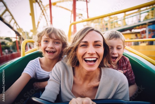 Fototapet Mother and two children riding a rollercoaster at an amusement park or state fai