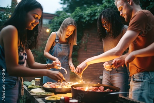 Group of millennial friends enjoying a candid summer barbecue, grilling and socializing, capturing leisure and togetherness, generative ai