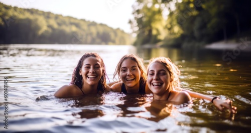 Fotografija Three joyful teenage girls swimming in a lake, enjoying a carefree late summer a