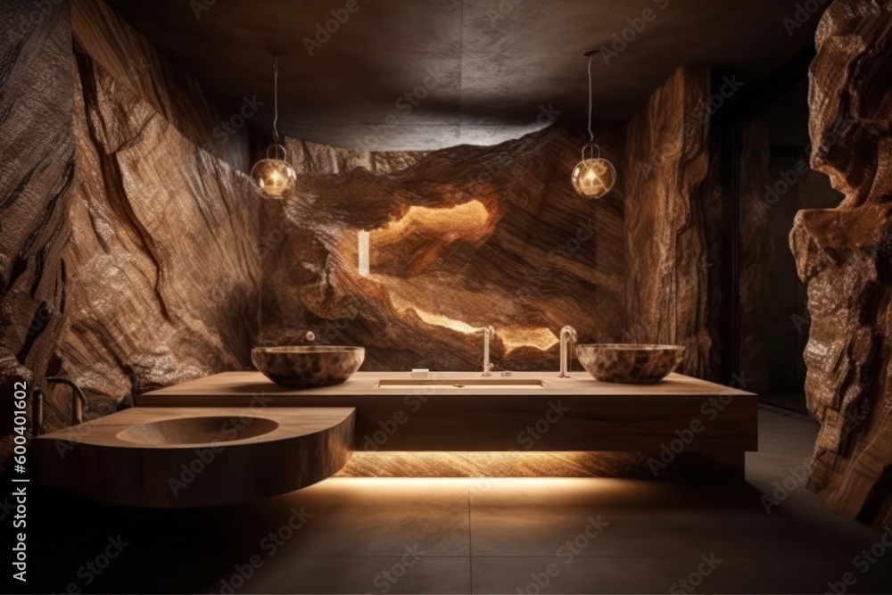Luxurious Nature-Inspired Bathroom with Natural Light and Stunning Rock Walls..