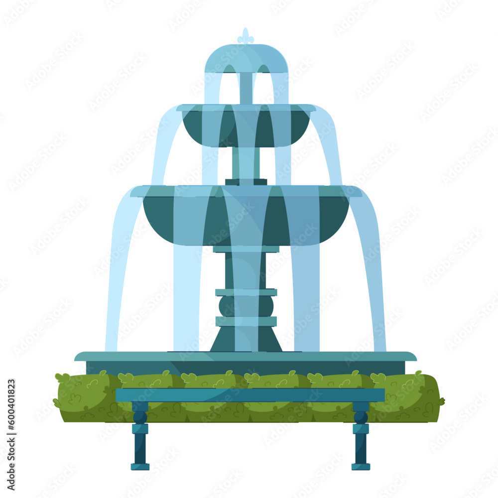 Stone fountain with elements of green plants and a park bench. Decoration of street, park, garden, architecture vector Illustration on a white background Stone fountain with elements of green plants and a park bench. Decoration of street, park, garden, architecture vector Illustration on a white background