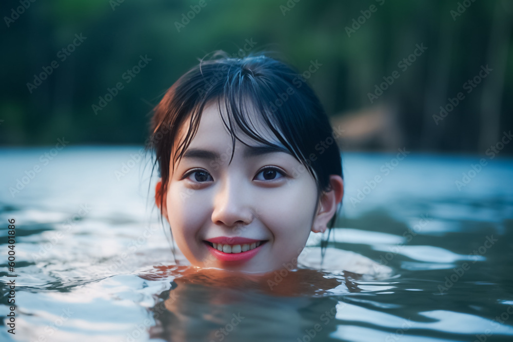 A hyper realistic close up of an Asian woman swimming in a neon lit pool at night. generative AI.
