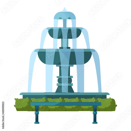 Stone fountain with elements of green plants and a park bench. Decoration of street, park, garden, architecture vector Illustration on a white background