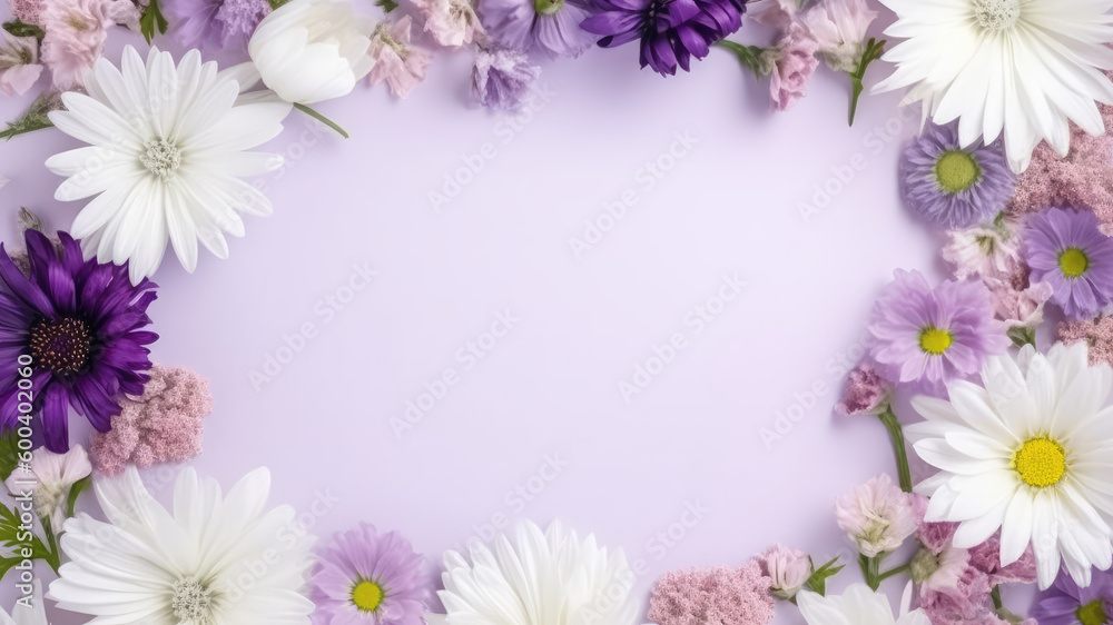 White purple pink spring daisy flowers and leaf Border surrounding on a purple rustic Wooden Tabletop, Highlighting the Soft and Selective Elements of Flower Border Art. Generative ai