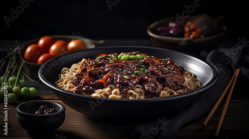 jajangmyeon - Korean noodles in black bean sauce with vegetables and meat. Generative AI Art Illustration photo