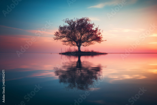Tree standing in the water during a breathtaking sunset  with its reflection creating a sense of calm and tranquility. Ai generated