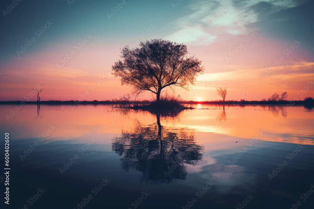 Fototapeta premium Tree standing in the water during a breathtaking sunset, with its reflection creating a sense of calm and tranquility. Ai generated
