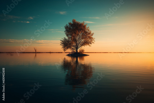 Tree standing in the water during a breathtaking sunset, with its reflection creating a sense of calm and tranquility. Ai generated © twindesigner