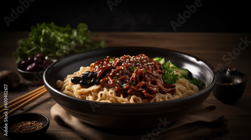 jajangmyeon - Korean noodles in black bean sauce with vegetables and meat. Generative AI Art Illustration photo