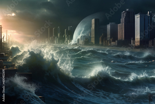 The Wrath of Nature: A Giant Tsunami Wave Approaches a City. Ai generated