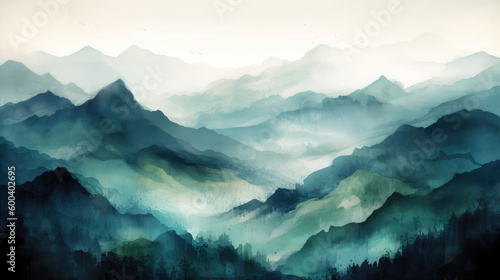 Watercolor of mountain landscape of peaks and valleys in blue and green  generative ai