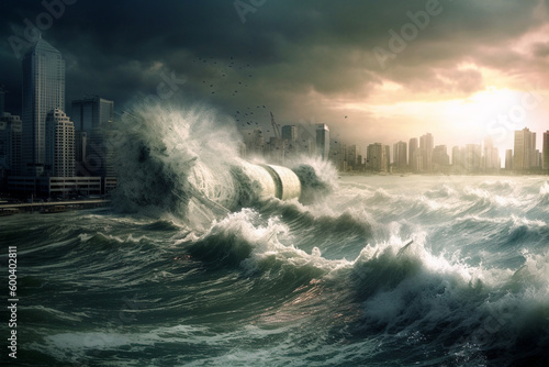 The Wrath of Nature: A Giant Tsunami Wave Approaches a City. Ai generated