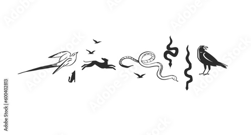 Hand drawn abstract vector graphic trendy illustration boho western animal drawing set with dog,wolf,snake and raven bird.Western animal design concept.Bohemian wild west contemporary.Western drawing.