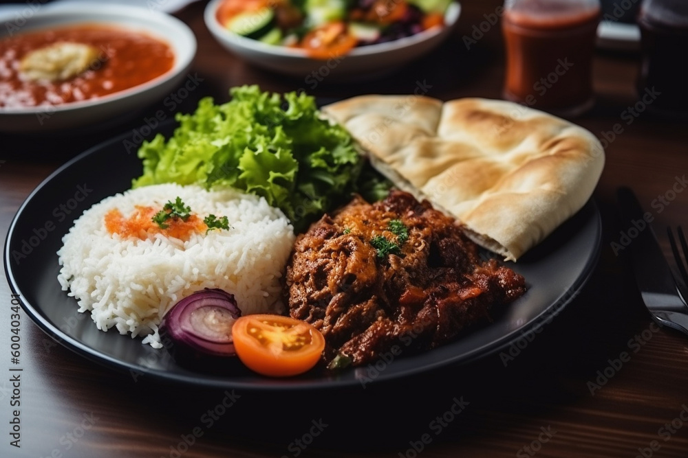 Delicious plate of traditional Turkish cuisine, including juicy kebap doner, fluffy rice, and fresh salad. Ai generated Delicious plate of traditional Turkish cuisine, including juicy kebap doner, fluffy rice, and fresh salad. Ai generated