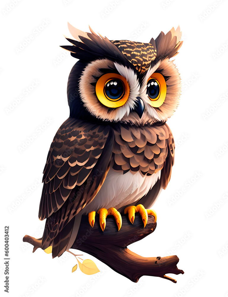 Obraz premium cartoon owl on a branch on a transparent background, generative ai