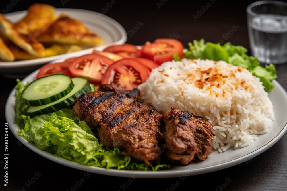 Delicious plate of traditional Turkish cuisine, including juicy kebap doner, fluffy rice, and fresh salad. Ai generated Delicious plate of traditional Turkish cuisine, including juicy kebap doner, fluffy rice, and fresh salad. Ai generated