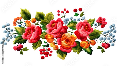 floral pattern with roses and berries in the style of Ukrainian folk embroidery on a transparent background, generative ai photo