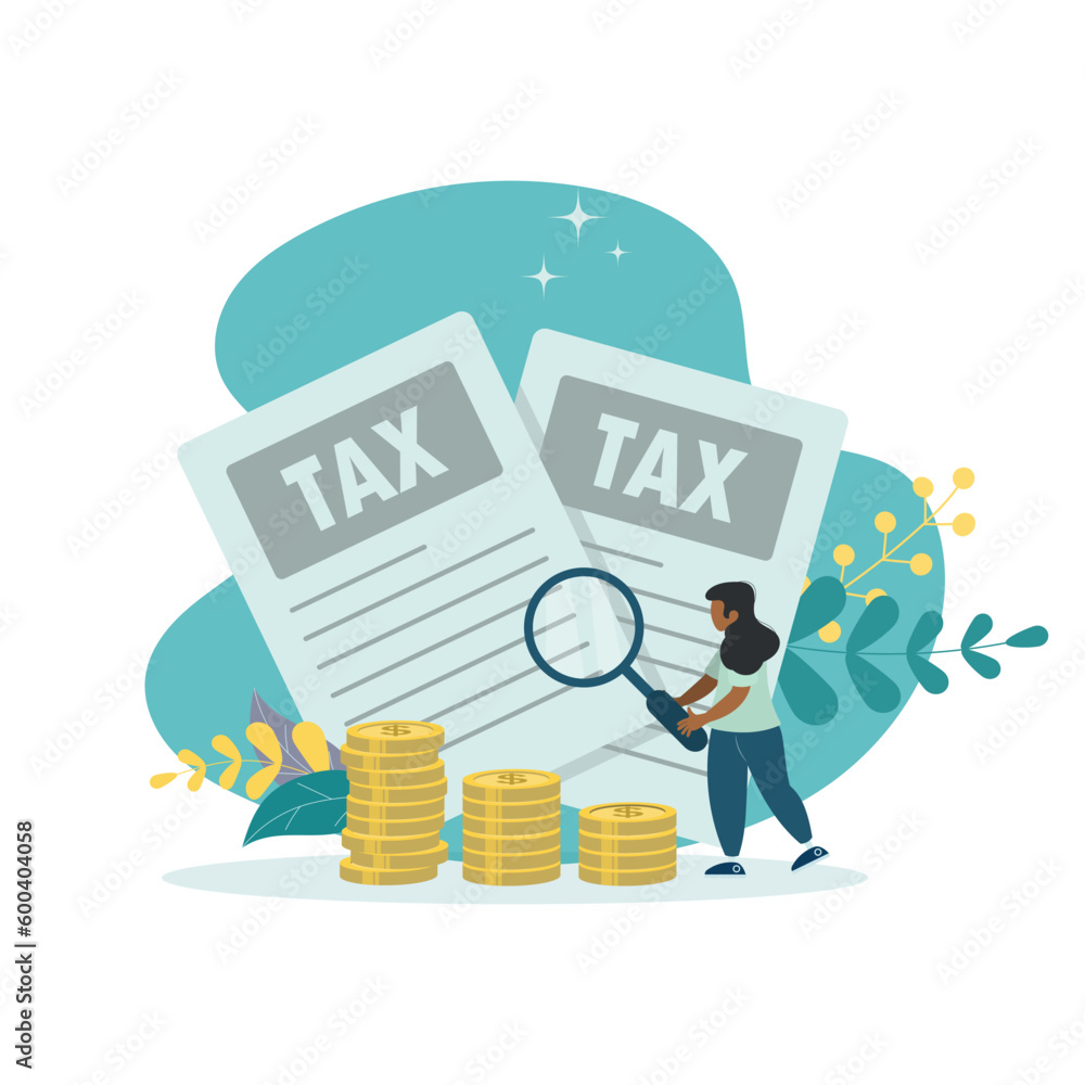 Checking tax documents, income tax filing, return and payment concept, flat design icon vector illustration. A girl with a magnifying glass looks at documents.
Checking tax documents, income tax filing, return and payment concept, flat design icon vector illustration. A girl with a magnifying glass looks at documents.
