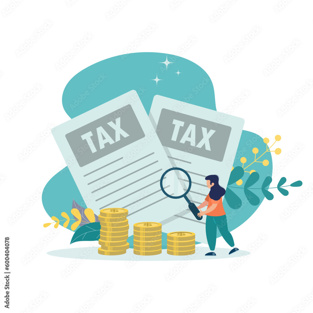 Checking tax documents, income tax filing, return and payment concept, flat design icon vector illustration. A girl with a magnifying glass looks at documents.
Checking tax documents, income tax filing, return and payment concept, flat design icon vector illustration. A girl with a magnifying glass looks at documents.