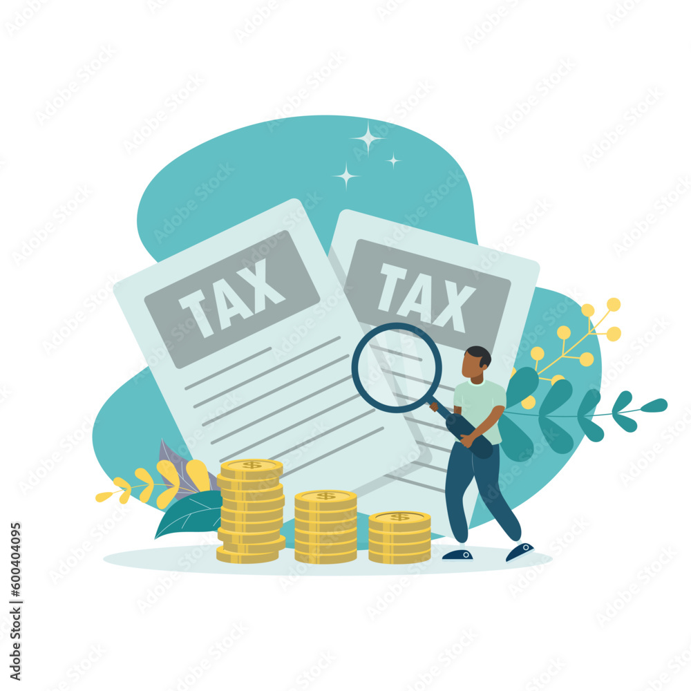 Checking tax documents, income tax filing, return and payment concept, flat design icon vector illustration. The guy with a magnifying glass looks at the documents.
Checking tax documents, income tax filing, return and payment concept, flat design icon vector illustration. The guy with a magnifying glass looks at the documents.