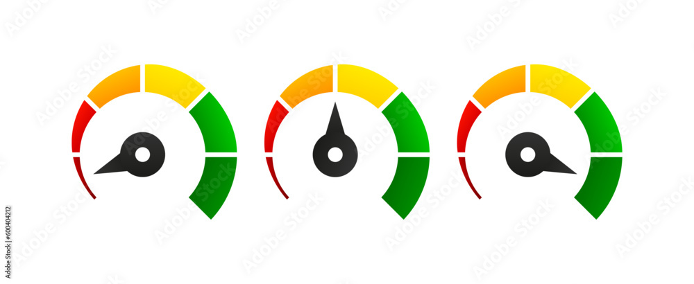 Speedometer, gauge meter signs. Scale, level of performance. Speed dial indicator. Low and high barometers. Infographic of risk, gauge, score progress. Fast speed concept. Vector illustration.