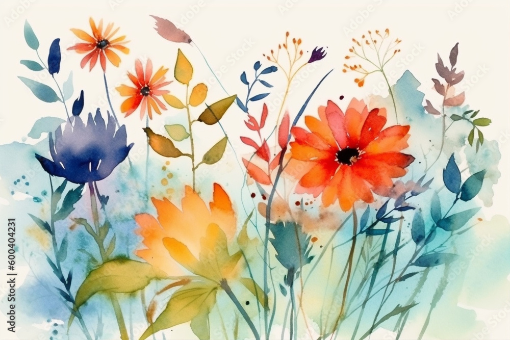 Beautiful watercolor aquarella painting of vibrant summer flowers. Ai generated