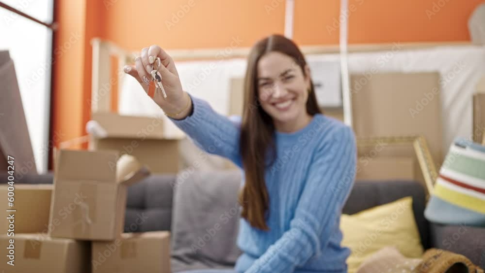 Young caucasian woman holding keys sitting on sofa at new home Young caucasian woman holding keys sitting on sofa at new home