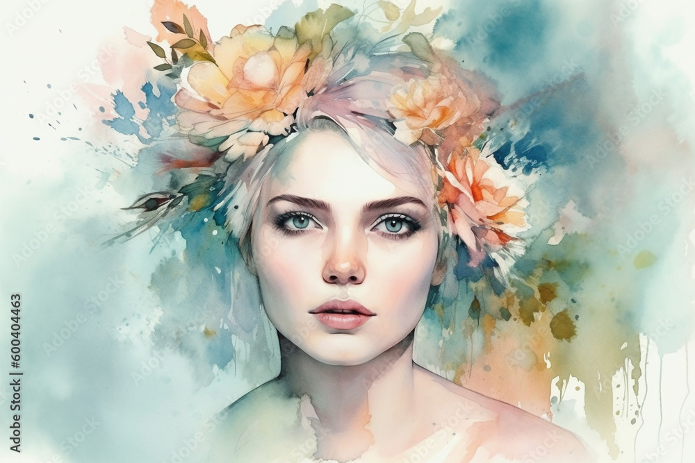 A Watercolor Portrait of a Beautiful Woman. Delicate beauty of a woman with flowers in her hair watercolor aquarella style. Ai generated