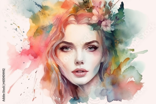 A Watercolor Portrait of a Beautiful Woman. Delicate beauty of a woman with flowers in her hair watercolor aquarella style. Ai generated © twindesigner