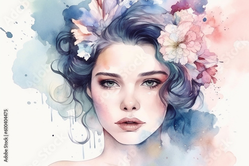 A Watercolor Portrait of a Beautiful Woman. Delicate beauty of a woman with flowers in her hair watercolor aquarella style. Ai generated