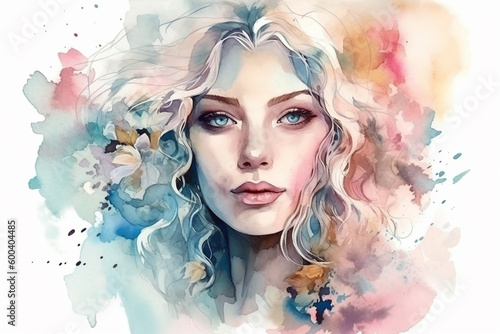 A Watercolor Portrait of a Beautiful Woman. Delicate beauty of a woman with flowers in her hair watercolor aquarella style. Ai generated © twindesigner