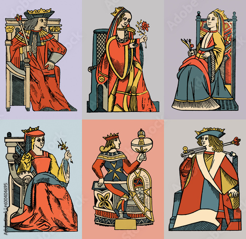 Medieval queen and king. Set of vector illustrations in vintage style.