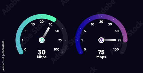 Internet download and upload speed test gauge. Internet speed test software and network performance information. Internet connection speed test. Modern design for software. Vector illustration.