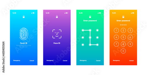 Screen lock authentication password smartphone template. Phone ID recognition screen lock password or lock screen passcode numbers display. Phone lock screen. Vector illustration.