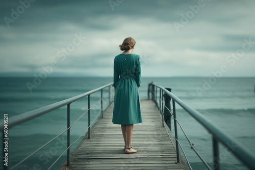 Woman stand on the pier and looking around to sea. Concept minimalism and peaceful. Generative AI