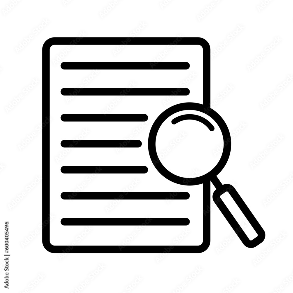 Search result icon. Research report analyse line sign. Analytics case study  outline vector symbol with magnify glass. Isolated black thin icon for  document review. suitable for app or web ui design. Stock