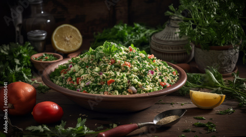 Tabbouleh - Middle Eastern salad with bulgur, parsley, and tomatoes. Generative AI Art Illustration