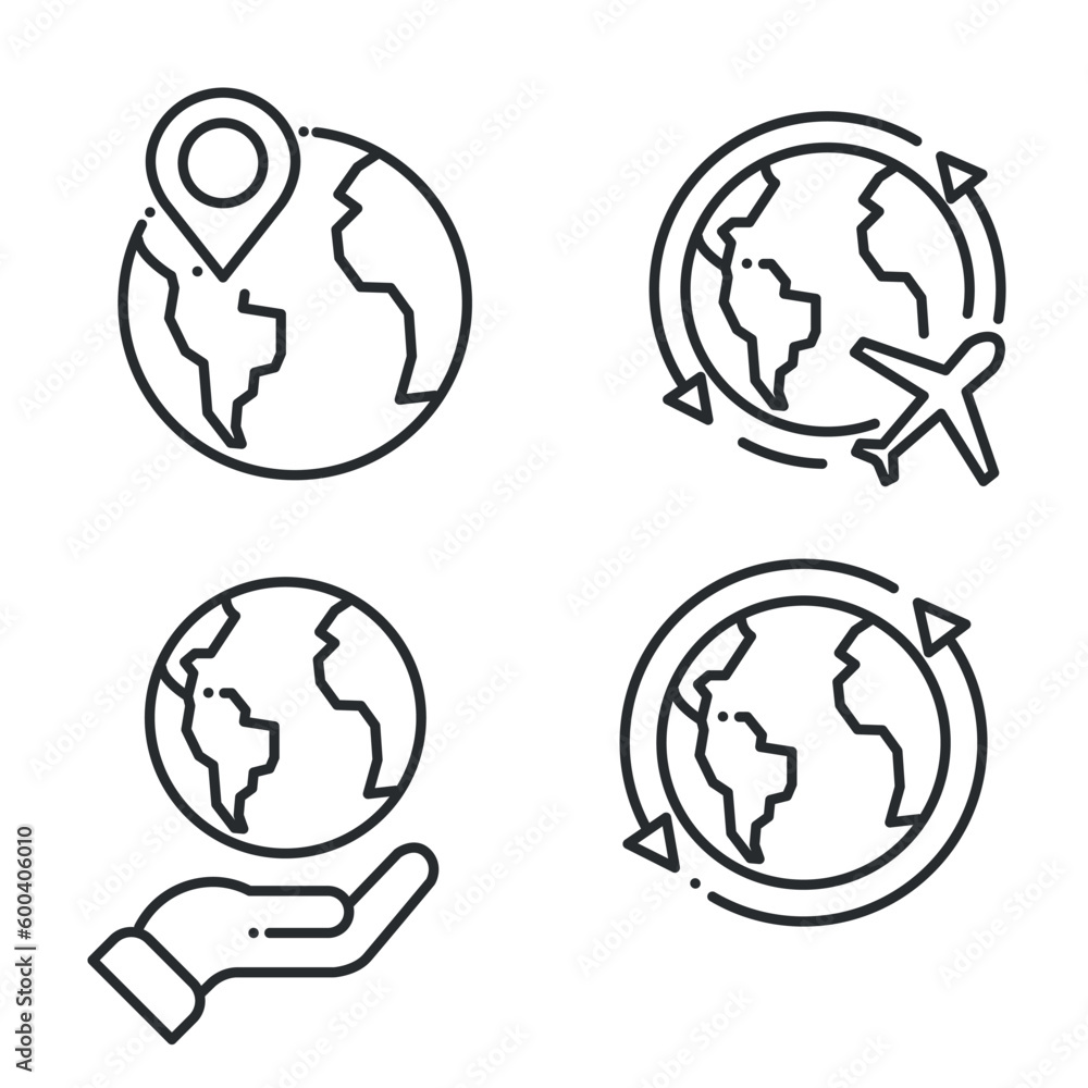 Travel around world linear icons set. International tourism. Planet map navigation. Isolated vector outline illustrations. Travel around world linear icons set. International tourism. Planet map navigation. Isolated vector outline illustrations.