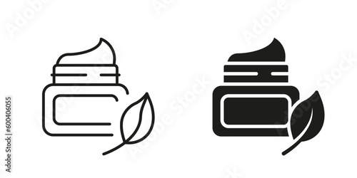 Natural Moisturizing Cosmetics In Plastic Container Black Pictogram Collection. Organic Cream Jar With Leaf Silhouette And Line Icons Set. Beauty Nature Skin Product. Isolated Vector Illustration