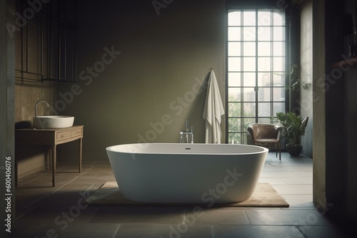 Contemporary indoor featuring a bathtub. Generative AI