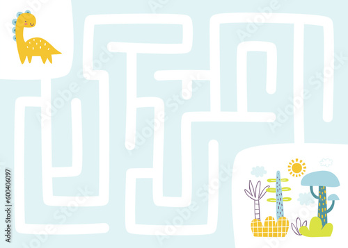 Mini labyrinth game with cute dinosaur. Vector maze with cartoon friendly dino for kids.