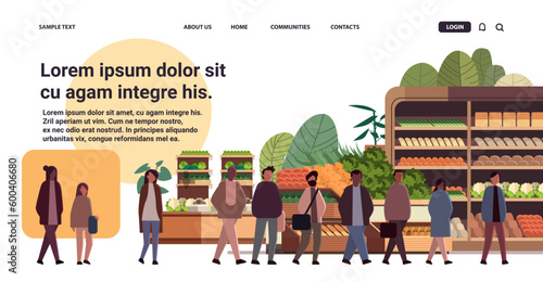mix race people group choosing food groceries in modern supermarket men women buying products in grocery shop