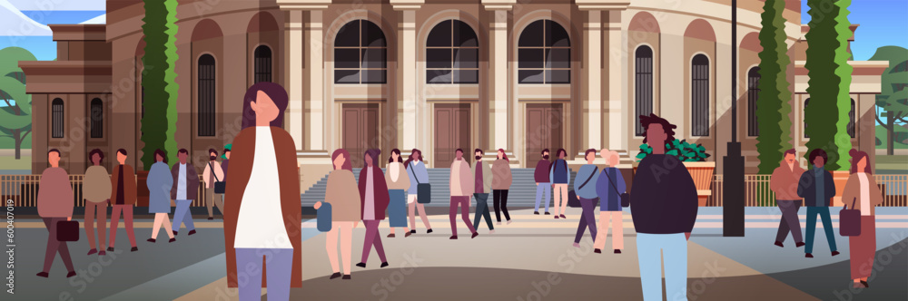 Fototapeta premium multiethnic people group standing near governmental building mix race men women crowd walking city street